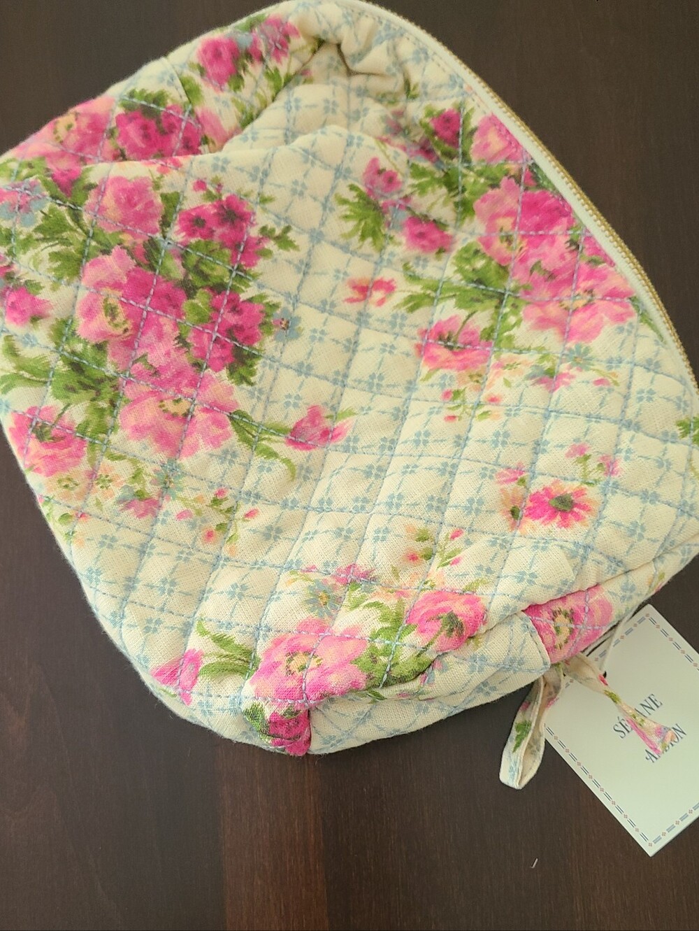 Sezane Quilted Floral Cosmetic Pouch in Pink and Cream